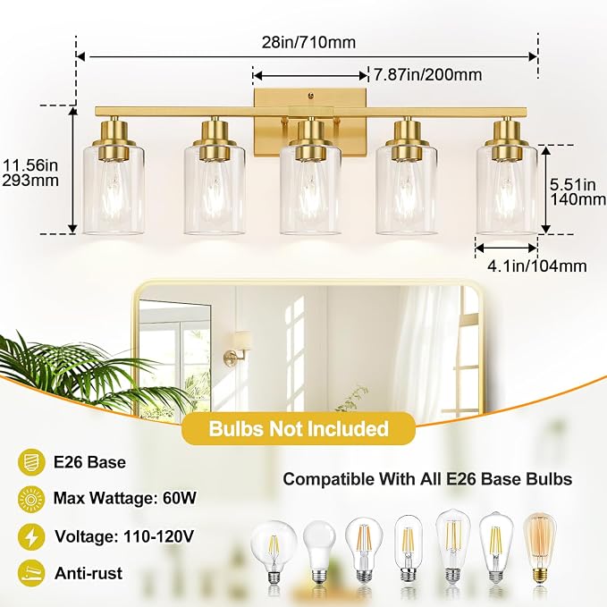 Indoi 5-Light Bathroom Light Fixtures, Brushed Gold Modern Vanity Lights with Clear Glass Shades, Bathroom Wall Lamp for Mirror Living Room Cabinet Bedroom Porch