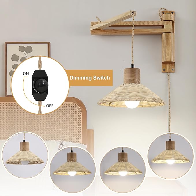 Wood Plug in Wall Sconces, Swing Arm Wall Lamp with Dimmable On Off Switch, Vintage Wall Mounted Light Fixture with Cord for Bedroom Nightstand Bedside Reading Lamp - Bulb Included