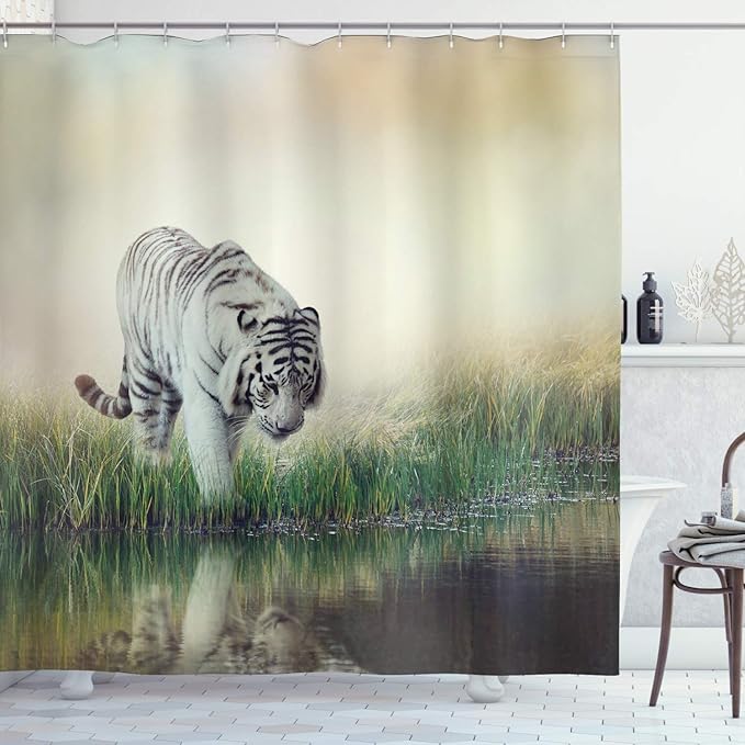 Ambesonne Wildlife Shower Curtain, Albino Tiger Near a River Exotic Animal Lover Themed Photo with Background, Cloth Fabric Bathroom Decor Set with Hooks, 69" W x 70" L, Green Ivory