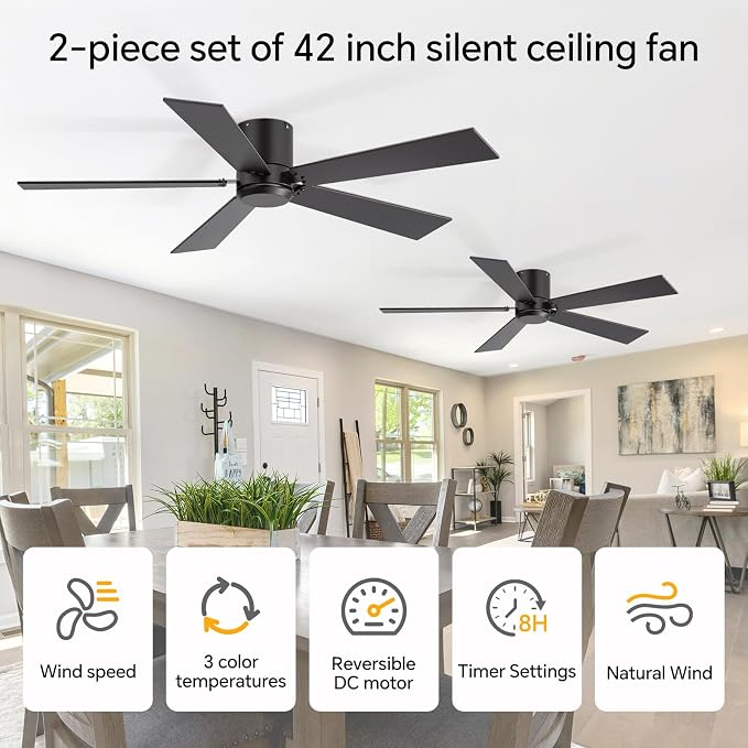 ZYD 2 Pack Ceiling Fan No Light, 42 inch Black Ceiling Fan with Light and Remote Control, Quiet Reversible DC Motor, Noiseless, Ceiling Fan for Bedroom, Farmhouse, Indoor/Outdoor Use