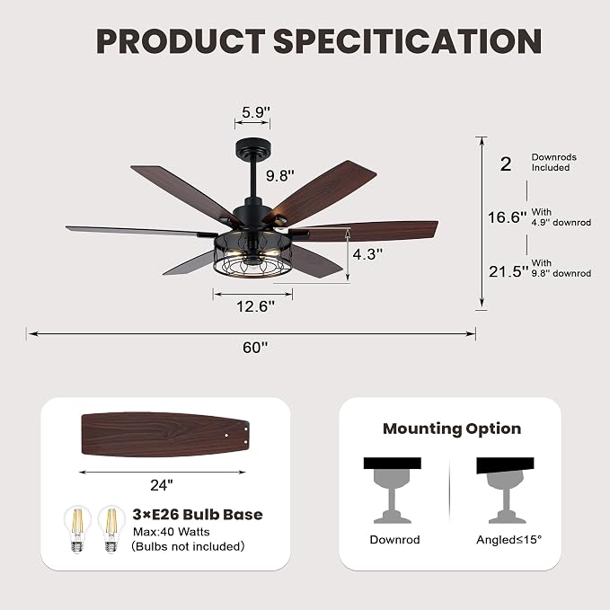 Dawn Whisper Black Ceiling Fans with Lights 60 Inch Farmhouse Ceiling Fan with Remote Quiet Reversible DC Motor 6 Speeds 8 Blades Large Industrial Chandelier Fan for Living Room Bedroom