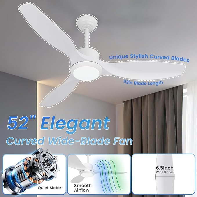 White Ceiling Fan with Light, 52" Outdoor Ceiling Fans with Lights and Remote, 3 Color Light, 6 Speed, DC Motor, for Bedroom/Outdoor/Patios, White