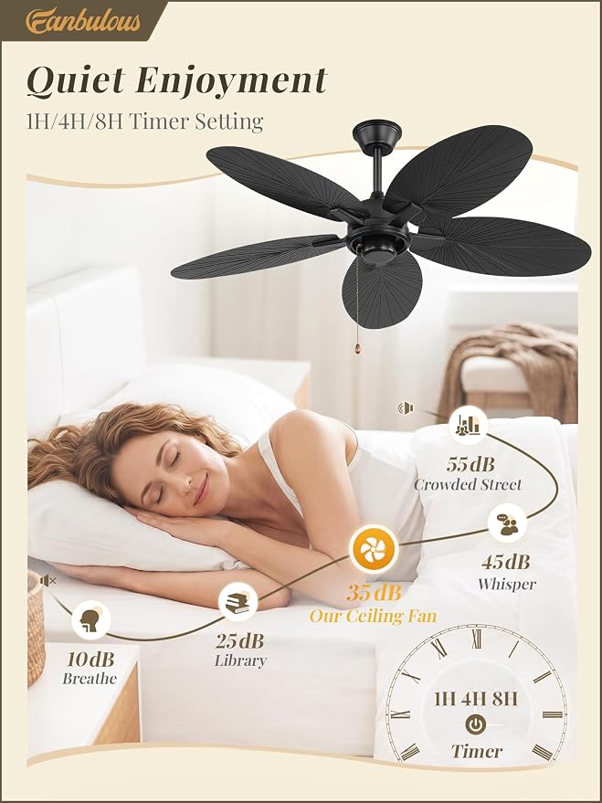 Fanbulous 52 Inch Ceiling Fan No Light, Remote & Pull Chain Tropical Fan With 6 Speeds, 3 Timers, DC Quiet Motor, 5 Palm Blade for Bedroom Living Room Covered Outdoor Patio Porch, Damp Rated, Black