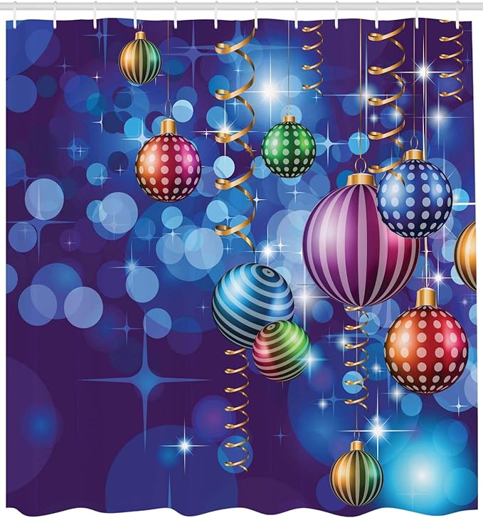Ambesonne Christmas Shower Curtain, Happy New Year Party Celebrations Swirling Ornaments and Balls Print, Cloth Fabric Bathroom Decor Set with Hooks, 69" W x 75" L, Indigo