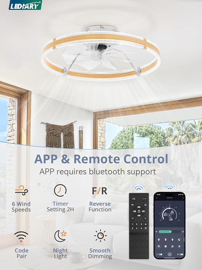 LEDIARY Ceiling Fans with Lights and Remote, 24'' Low Profile Ceiling Fan with Light, 3000-6000K Dimmable Fandelier Ceiling Fans, Modern Flush Mount Fan for Bedroom with 6 Wind Speeds- Wood Grain