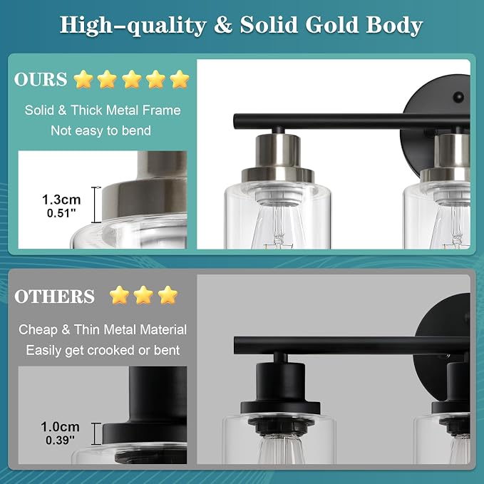 Unicozin Modern Bathroom Light Fixtures, 3 Light Vanity Lights, Black and Brushed Nickel Wall Lamp with Clear Glass for Bathroom, Mirror, Living Room, Bedroom, Hallway, E26 Base