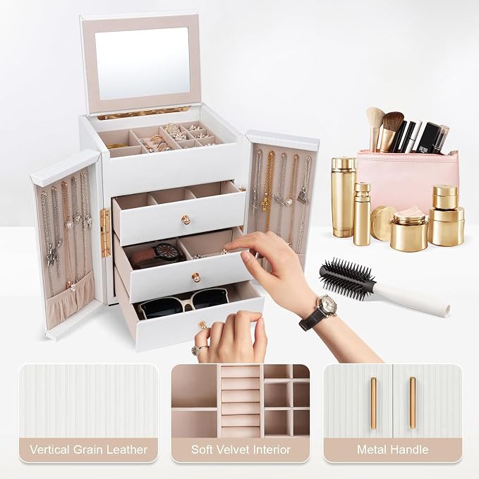 Dajasan Large Jewelry Box Organizer, Jewelry Storage Organizer with 3 Drawers, Huge Jewelry Box with Mirror for Women Girls, Double Door, Textured PU Leather, Gift Idea, Stylish (White + Gold)