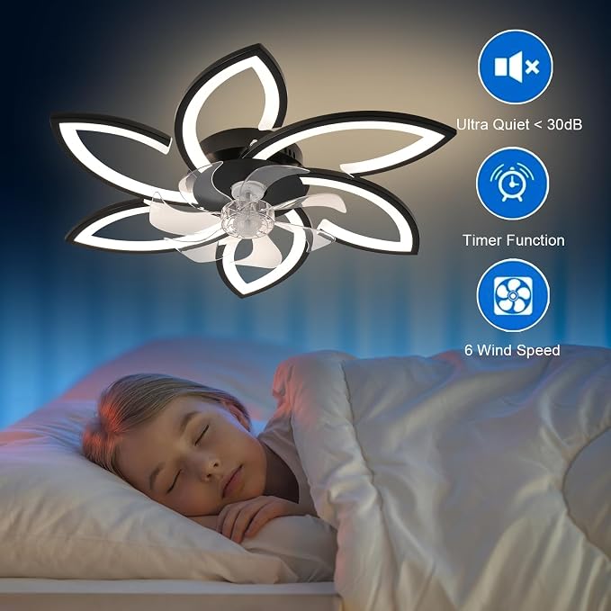 30" Geometric Ceiling Fan with Light Remote Control, 6 Speeds 3 Colors, Black Low Profile Flush Mount Ceiling Fan for Bedroom Kitchen Living Room