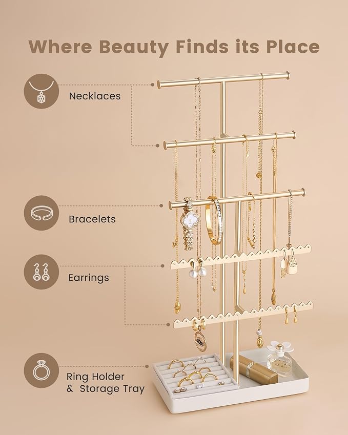 Lolalet 5-Tier Jewelry Organizer Stand, Metal Jewellery Holder, Dresser Display Rack for Necklace Earring Bracelets Rings, Gift for Women Girls -Gold