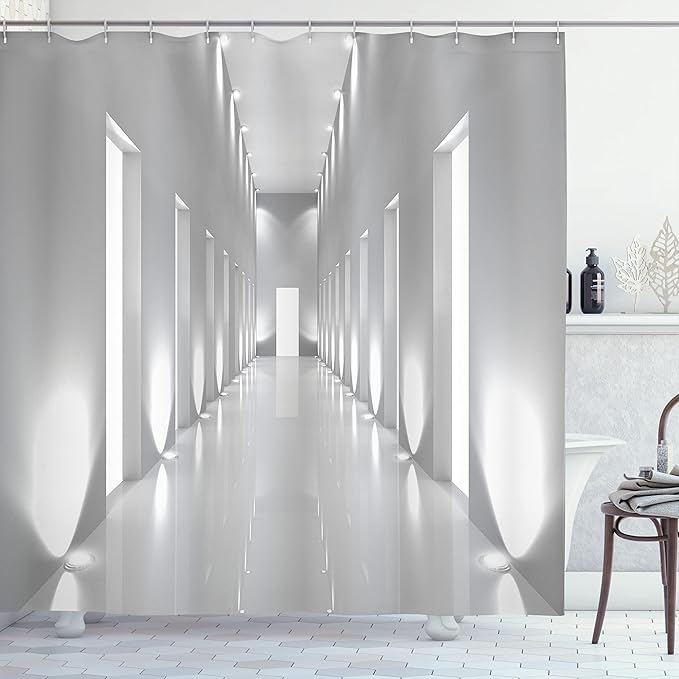 Ambesonne Modern Shower Curtain, Pattern of a Long Corridor in a Modern Office Building with a Contemporary Artwork, Cloth Fabric Bathroom Decor Set with Hooks, 69" W x 70" L, White Grey