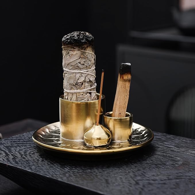 4 in 1 Incense Burner Holder with Ash Catcher, Gold-Plated Ceramic Tray for Burning Incense Sticks, White Sage, Palo Santo, Candle