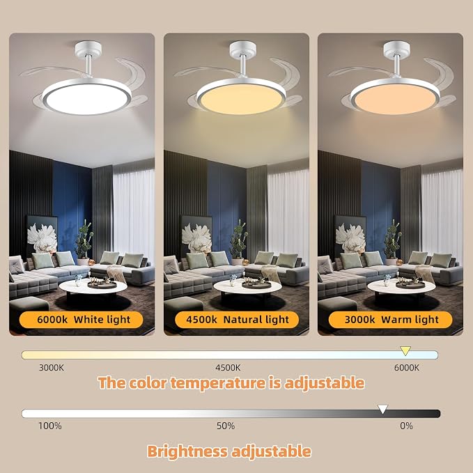 BAYSQUIRREL Slim Retractable Ceiling Fan with Lights and Remote/APP Control, 6 Speed Dimmable Reversible Memory, 42 Inch Modern Silent Smart Fan for Bedroom Living Room Dinning Room