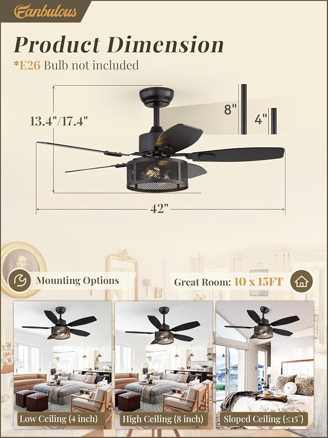Fanbulous Farmhouse Ceiling Fans with Lights and Remote, 42 Inch Industrial Black Caged Ceiling Fans for Living Room Bedroom Kitchen, 6 Speed Reversible Quiet DC Motor, Dual Finish 5 Blades