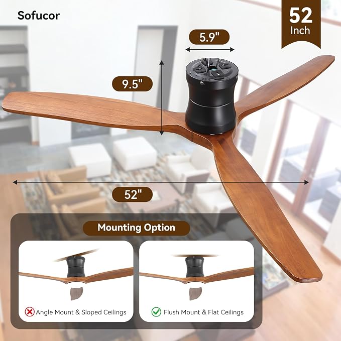 Sofucor 52" Smart Ceiling Fan, Solid Wood Ceiling Fan with Lights and Remote, Flush Mount Ceiling Fan Works with Alexa/Google/App, Dimmable 6-Speed Timing Reversible DC Motor for Bedroom Living Room
