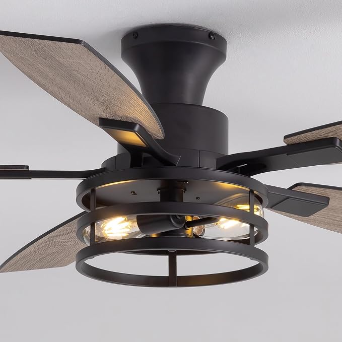 52 Inch Flush Mount Ceiling Fans with Lights and Remote Control, Low Profile Farmhouse Ceiling Fan for Bedroom Living Room and Patio, Black Caged Ceiling Fan for Indoor and Outdoor