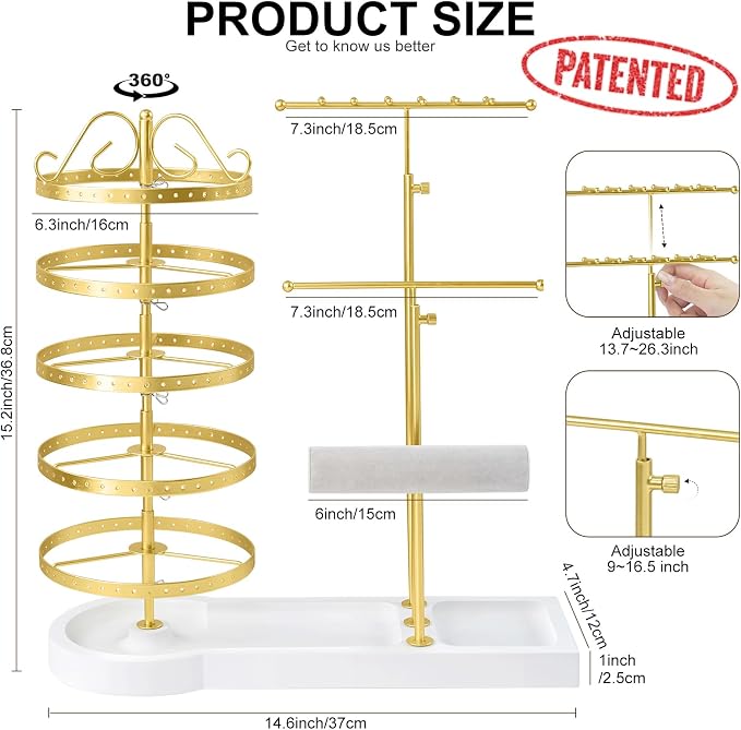 Jewelry Organizer Stand, Metal Rotating Earring Holder Organizer, Multi-Functional Adjustable Necklace Rack Holder Bracelet Watch Holder for Jewelry Earrings Ring (Gold)