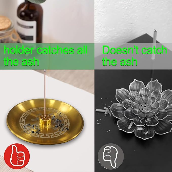 2 in 1 Incense Burner Tray with 9 Holes Stand Base, 4.72 inch Brass Incense Holder for Incense Sticks/Cones, Incense, Brass Ash Catcher for Meditation Yoga Roomr,Home Fragrance Decoration