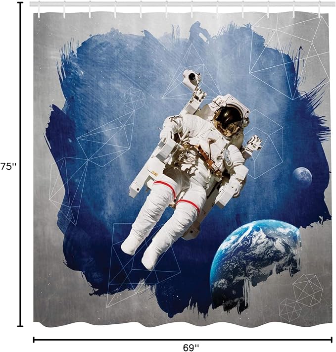 Ambesonne Outer Space Shower Curtain, Astronaut on The Grunge Half Done with Geometric Brushstroke SciFi Modern Art, Cloth Fabric Bathroom Decor Set with Hooks, 69" W x 75" L, Blue Beige