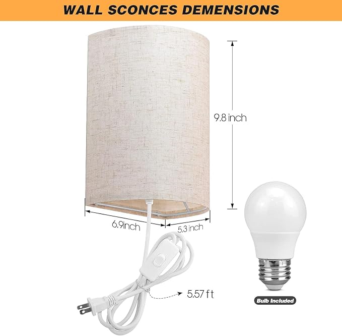 Plug in Wall Sconce, 3 Color Wall Sconces Set of Two, Industrial Lamp with Plug in Cord, Rustic Wall Sconce Fixture, On/Off Switch Vintage Wall Light Fixture for Headboard Bedroom Porch (Beige)