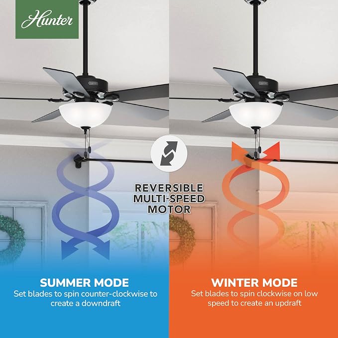 Hunter Swanson, Indoor, Ceiling Fan, with LED Light, 52 inch, Matte Black | Standard Mount, Pull Chain, 5 Blades, For Bedroom, Living Room, Kitchen, 51738