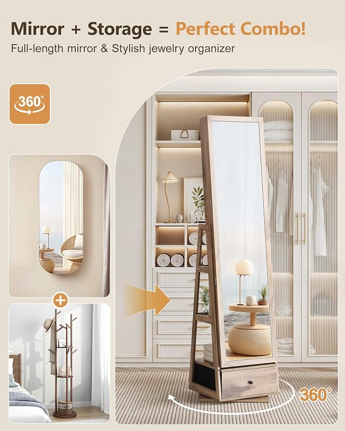 Nicetree 360° Swivel Jewelry Cabinet with Lights, Touch Screen Vanity Mirror, Rotatable Full Length Mirror with Jewelry Storage, Standing Jewelry Armoire Organizer, Foldable Makeup Shelf, Oak