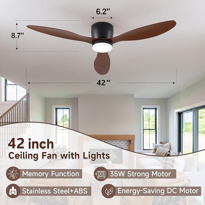 Low-Profile Ceiling Fan with Light - 42 Inch Flush Mount Modern Ceiling Fans with Remote Control/App, Dimmable 3CCT, 35W DC Motor, for Indoor Bedroom Living Room