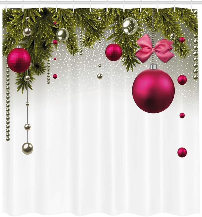 Ambesonne Christmas Shower Curtain, Vivid Fir Twigs and Magenta Balls Framework Special Day Preparation, Cloth Fabric Bathroom Decor Set with Hooks, 69" W x 70" L, Magenta Olive Green Grey