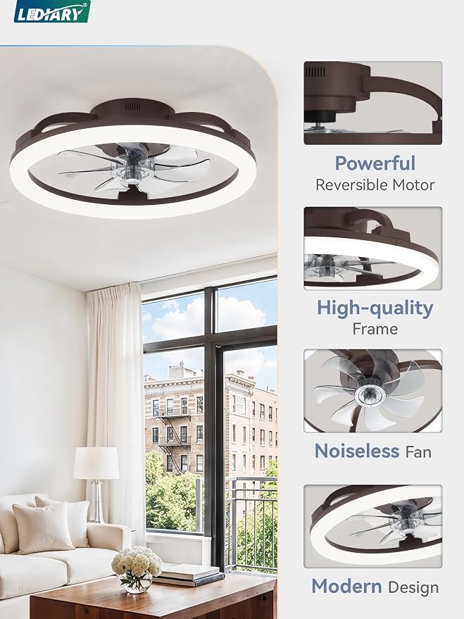 LEDIARY 20 Inch Low Profile Ceiling Fans with Lights and Remote, Dimmable Modern Fan Light(3000K-6000K), 6 Speed, Reversible, APP & Remote Control, Flush Mount Ceiling Fan for Bedroom, Brown