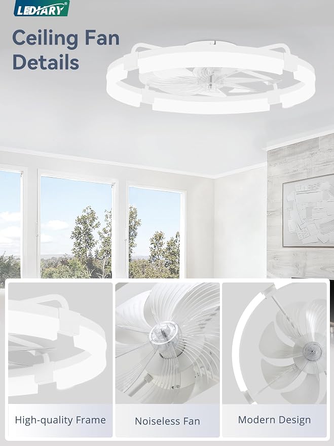 LEDIARY 24" Ceiling Fans with Lights and Remote, Modern Low Profile Ceiling Fan, 3 CCT, Stepless Dimmable, Fandelier Flush Mount Fan Light, 6 Speeds, DC Motor, App & Remote Control for Bedroom(White)