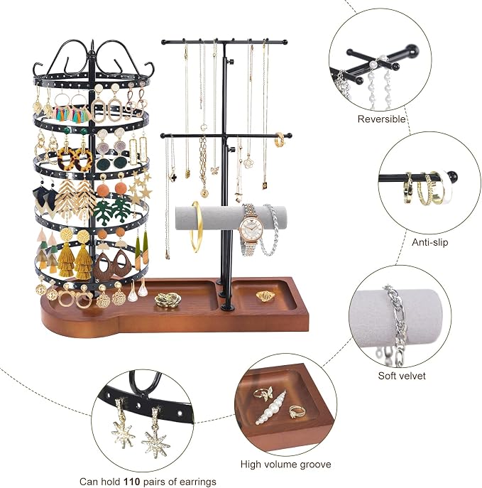 Jewelry Organizer Stand, Metal Rotating Earring Holder Organizer, Multi-Functional Adjustable Necklace Rack Holder Bracelet Watch Holder for Jewelry Earrings Ring, Black