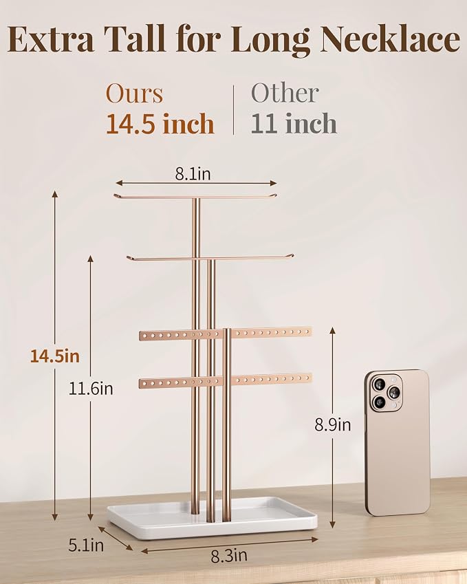 pickpiff Rose Gold Jewelry Organizer: 14.5" Sturdy Stand for 80 Pcs Jewelry