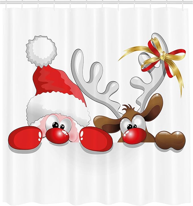 Ambesonne Christmas Shower Curtain, Funny Christmas Santa Claus and Reindeer Peeking Cartoon Style Humor, Cloth Fabric Bathroom Decor Set with Hooks, 69" W x 75" L, Vermilion Caramel White