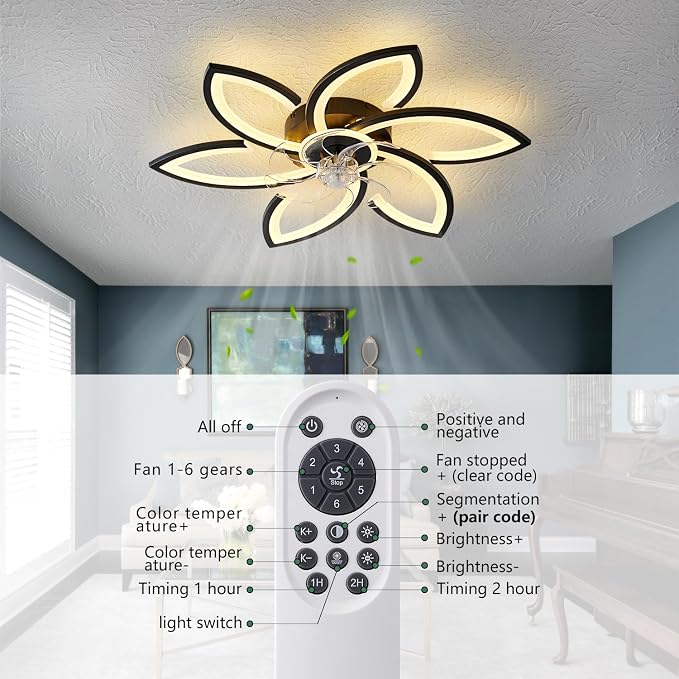 30inch Black Flower Modern CeilingFans with Lights, Low Profile Ceiling Fan with Remote for bedroom, Flush Mount Ceiling Fan with LED Dimmable Light,6-Speeds, Timing Ceiling Fan Light