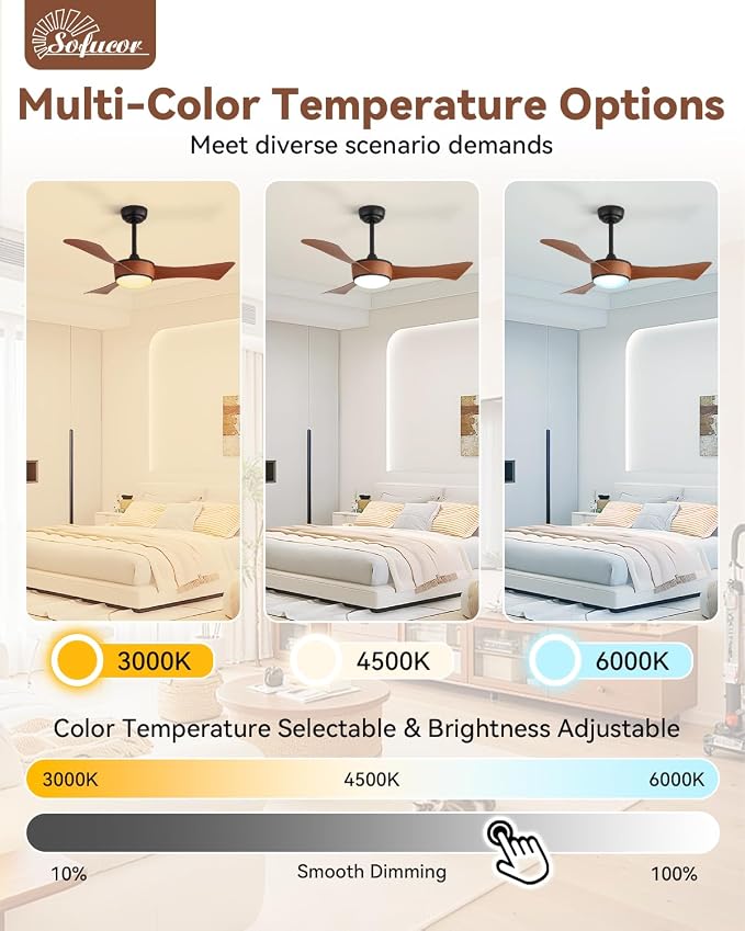 Sofucor 42 Inch Ceiling Fans with Lights-Modern Brown Small Bedroom Ceiling Fan with Remote Control, Plug-in Blades Quick Install, Quiet DC Motor,Outdoor ABS Ceiling Fan for Kitchen/Living Room/Patios