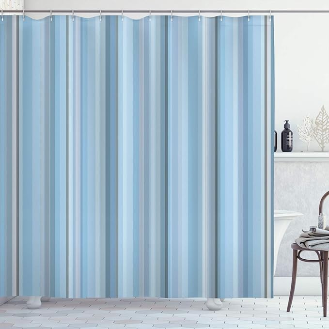 Ambesonne Stripes Shower Curtain, Abstract Ocean Inspired Palette Lines Geometrical Image Illustration, Cloth Fabric Bathroom Decor Set with Hooks, 70" Long, Baby Blue