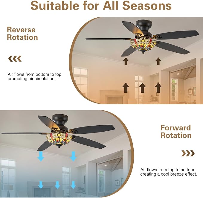 Tiffany Ceiling Fans with Lights - 52" Ceiling Fan Chandelier with 5 Dual-Blades and Glass Shade, 6 Speeds and Reversible, Indoor and Outdoor, Retro Style