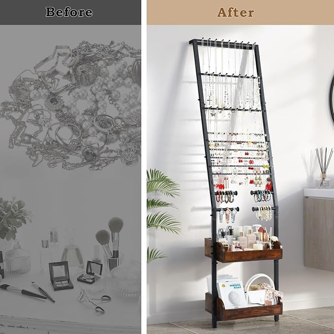 Keebofly Jewelry Holder Organizer, Large Jewelry Organizer with Necklace Holder Earring Storage, Floor Hanging Jewelry Stand with Display for Earring Necklace Ring Bracelet Watch