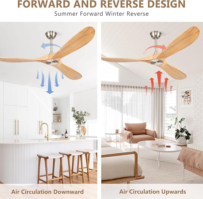 60” Ceiling Fans Without Lights, Wood Ceiling Fan with Remote Control No Light, Outdoor Propeller Ceiling Fan with 3 Blades,Brushed Nickel Outdoor Ceiling Fans for Patios (Nature Wood)