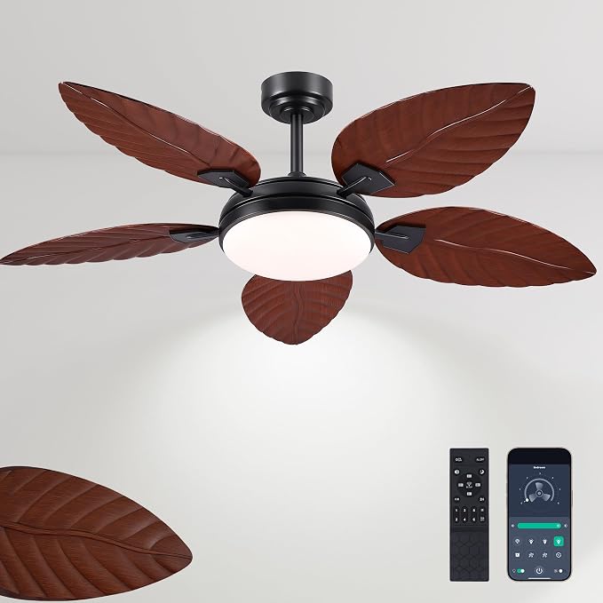 GJeg Tropical Ceiling Fans with Lights and Remote,52Inch Outdoor Palm Leaf Ceiling Fan for Patios Porch Bedroom, Dimmable LED Light, 6 Speeds, Reversible,Brown