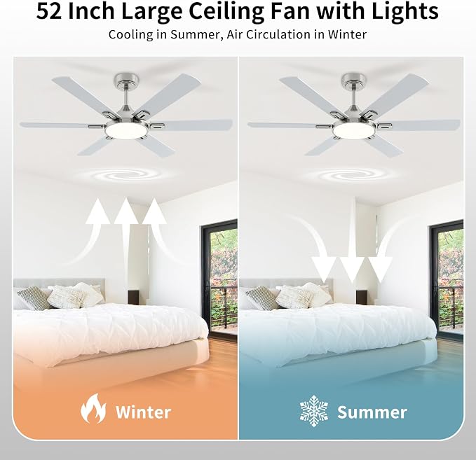 52 Inch Ceiling Fan with Light, 6 Wooden Blades, Brushed Nickel | Remote Control,Reversible Quiet DC Motor, 6-Speed, 3CCT Dimmable LED, Timer for Living Room, Bedroom, Office