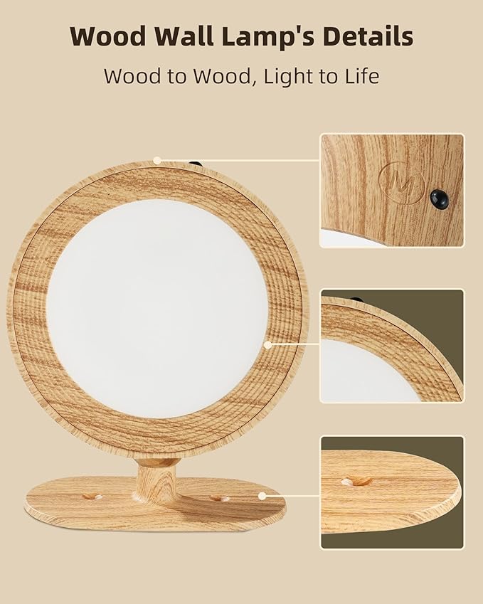 LED Wall Mounted Lights, Rechargeable Wall Sconces, 3 Color Temps, Remote & Touch, 360° Rotating and Dimmable for Bedroom, Bedside & Reading (Wood, 1 Pack)