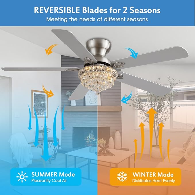 GJeg Crystal Ceiling Fan Fandelier with Lights-Ceiling Fans with Remote Control,Modern Ceiling Fan with Noiseless DC Reversible Motor,Dining Room,Living Room(52" Nickel)