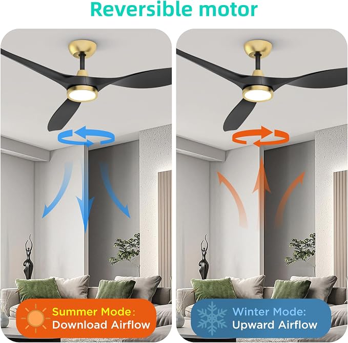 Roomratv Ceiling Fans with Lights and Remote Control,Quiet Noiseless Reversible DC Motor,6 Speeds,Timers, 3 CCT, Indoor Use, Plastic Blades,52 Inch Black and Gold Modern Ceiling Fan for Living Room