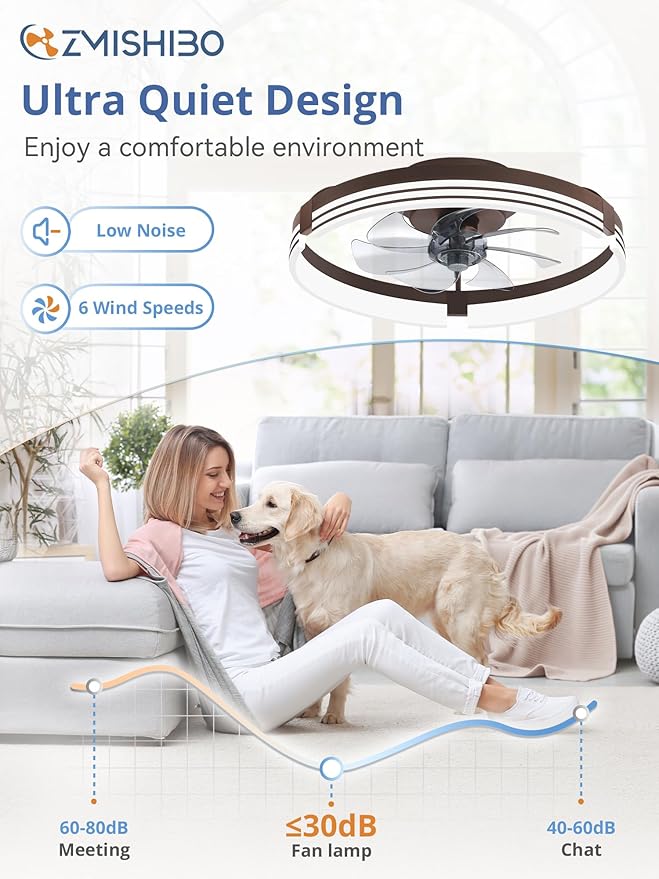 ZMISHIBO Low Profile Ceiling Fans with Lights and Remote, 20 Inch Flush Mount Ceiling Fan with Light, 3000K-6000K Dimmable Fandelier LED Fan Light, 6 Wind Speeds Brown Ceiling Fans for Bedroom