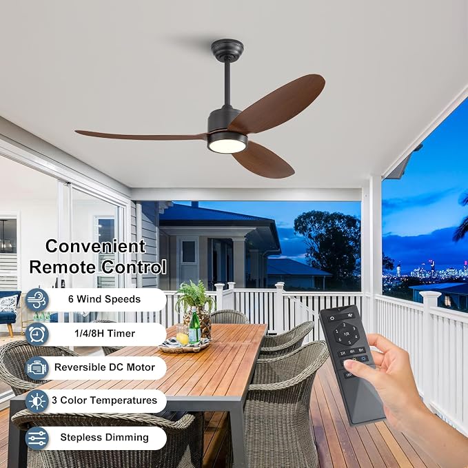 WINGBO 52" Outdoor Ceiling Fans with Lights, Wet Rated Waterproof Indoor Ceiling Fan with Remote, 3 ABS Blades Modern Ceiling Fan, 3CCT Quiet 6-Speed DC Motor, for Porch Patio Bathroom, Black+Walnut