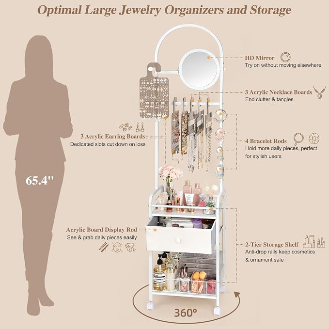 Keebofly Floor Jewelry Organizer with Adjustable Mirror & Drawer | 67.5" Tall Mobile Jewelry Tower with 6 Acrylic Pegboards, Large Drawer & Wheels, Perfect Floor Organizer for Women