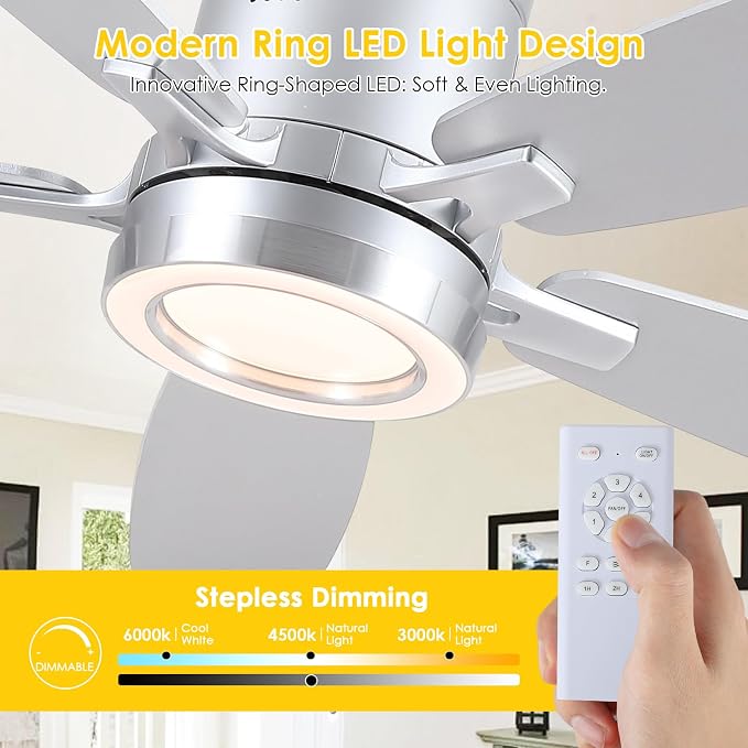 52 Inch Modern Ceiling Fans with Lights Flush Mount Indoor, Silver | Low Profile, Dimmable LED, Reversible, Quiet DC Motor, Wooden Blades, for Modern Apartment Bedroom Home Office Living Room