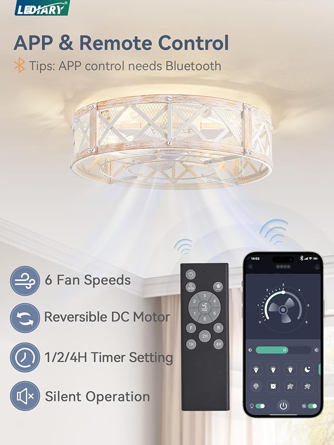LEDIARY 20" Caged Ceiling Fan with Light, APP&Remote Control, Small Flush Mount Farmhouse Fan Lights, Low Profile Rustic Bladeless Ceiling Fan Fixtures for Bedroom, Kitchen-White Gold Color