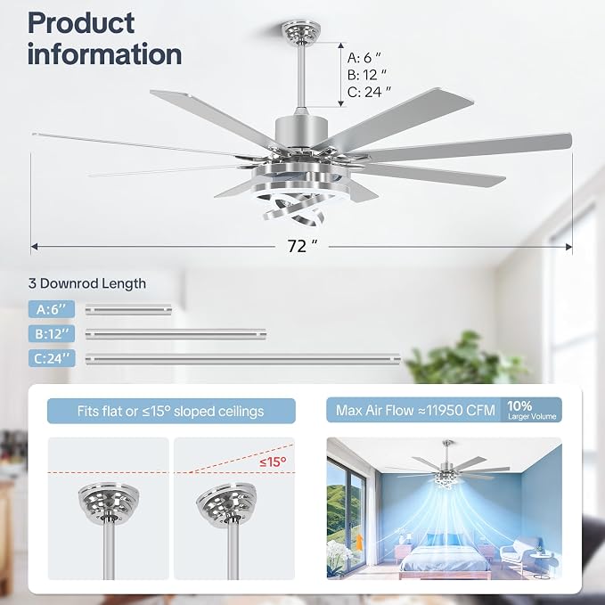 72" Ceilling Fans with Lights, Chandelier Fan Modern DC Motor Dimmable Led Fandelier Ceiling Fan with Light for Bedroom, Living Room, Indoor/Outdoor, Silver