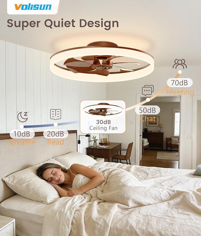 VOLISUN Low Profile Ceiling Fans with Lights and Remote, 24in Fandelier Ceiling Fan Flush Mount, 3000K-6500K Smart Bladeless LED Fan Light, Farmhouse Ceiling Fans with Lights for Bedroom(Wood)